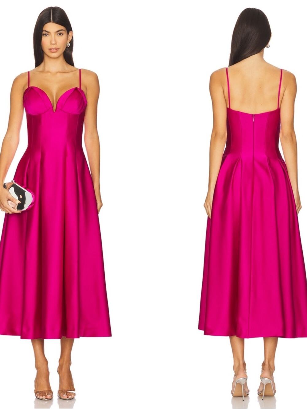 REBECCA VALLANCE Saskia Satin Hot Pink Midi Dress Size 4
